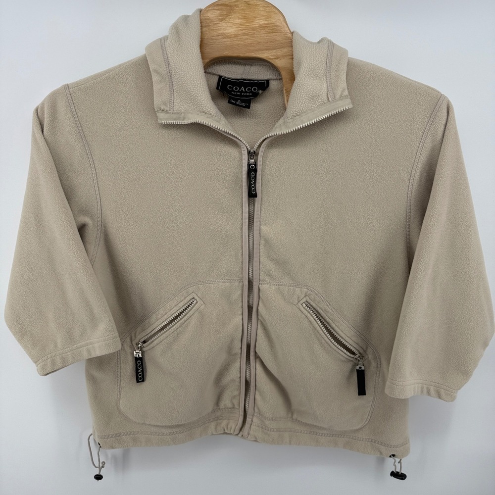 COACO New York Beige Fleece Zip Up Hoodie 3/4 Sleeve‎ Drawstring Size L